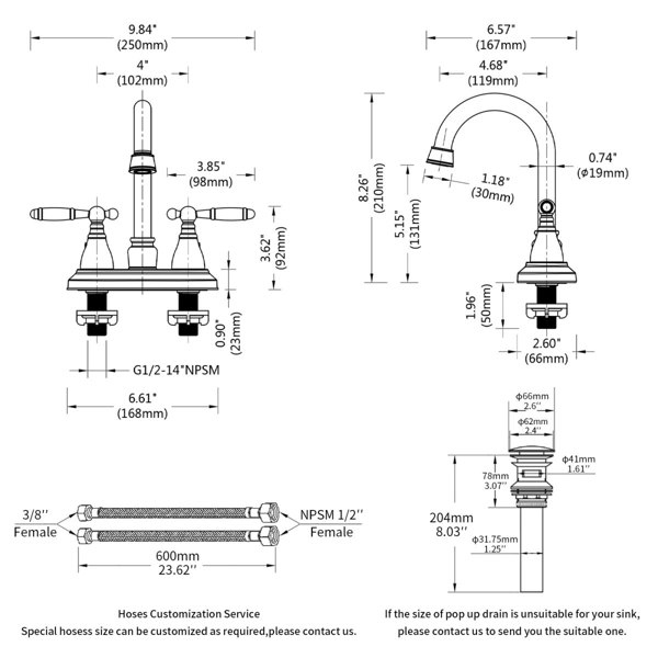 浴室水龙头哑黑360度高弧形旋转喷嘴4英寸中心套梳妆台水龙头现代浴室水龙头3孔厕所水龙头不漏水【周末不发货，TK/TEMU订单仅支持自提】-4