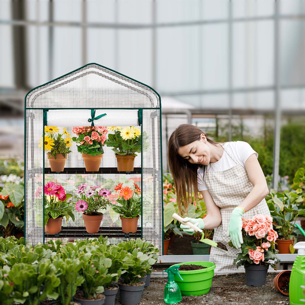 27*19*62in PE布花房 白色PE布 墨绿色铁管 尖顶迷你带4层网格花架 带拉链卷门-11