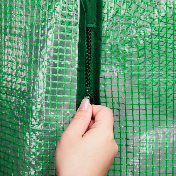 56*29*77in PE布花房 绿色PE布 墨绿色铁管 尖顶 带4片网格花架 带拉链卷门-7