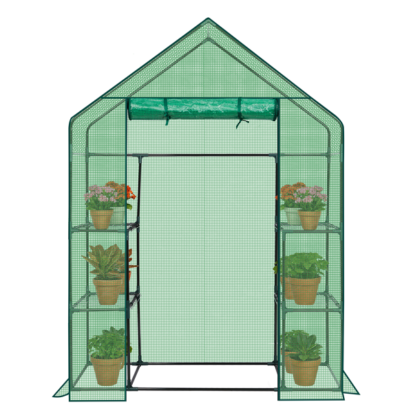 56*29*77in PE布花房 绿色PE布 墨绿色铁管 尖顶 带4片网格花架 带拉链卷门-13