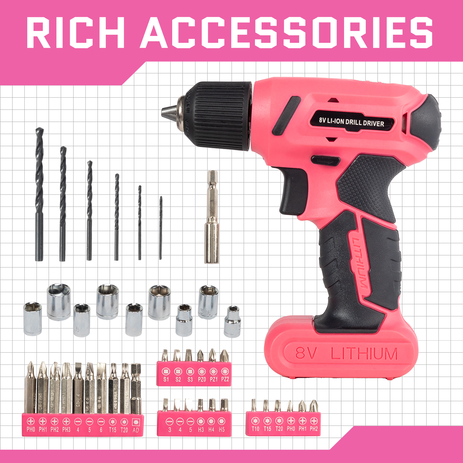 [Same code: 64738747]146-Piece Drill Set with 8V Pink Cordless Drill, Home Tool Kit with Drill view 4