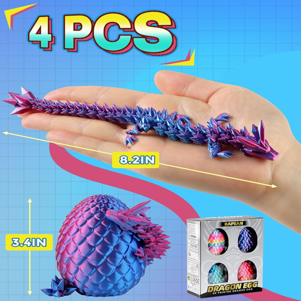 8 英寸 3D 打印龙蛋，神秘水晶龙蛋用于复活节篮子填充物，独特复活节玩具与装饰，儿童与收藏家奇幻桌面装饰（4 件装）-4