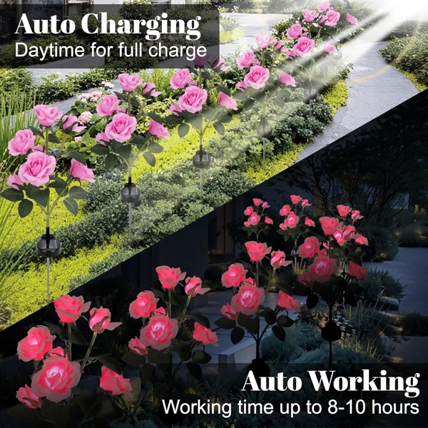 户外太阳能玫瑰灯，2 件装，含 14 朵玫瑰，防水变色 LED 花灯，太阳能花园支柱，用于院子、露台、小径装饰——人造花卉装饰灯-8