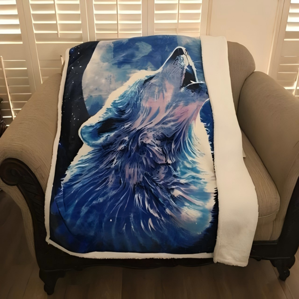 亲肤丝滑法兰绒羊羔绒内衬盖毯 50×60 英寸 狼啸图案-2