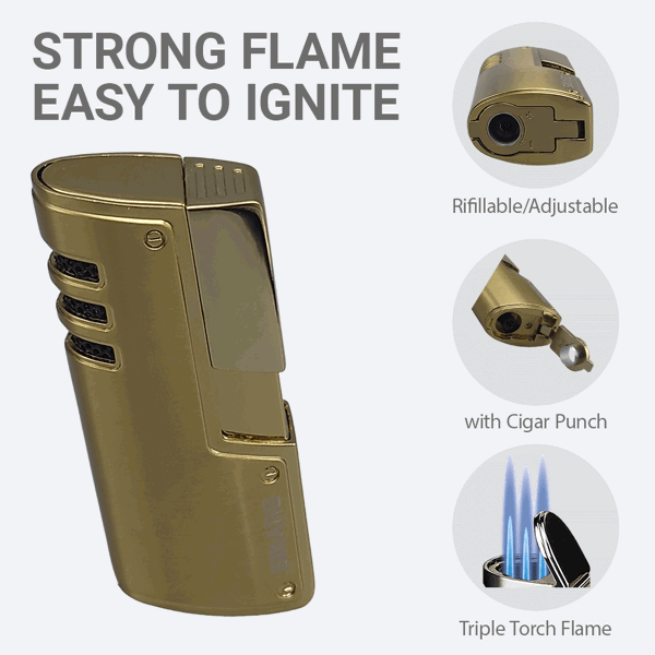 SIKARO®旋风* 三直冲专用高档雪茄打火机带雪茄打孔器钛金雪茄香烟厨房户外可重复充气可调节火焰高度便携式-5