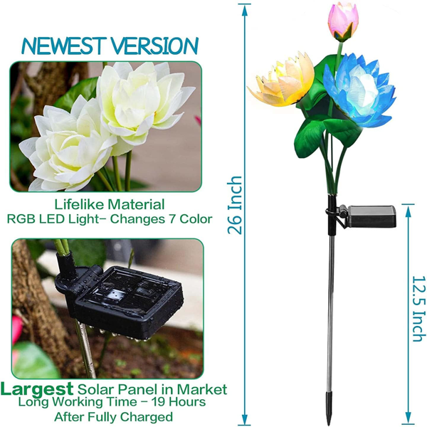 太阳能花园灯、莲花花灯、花园户外灯、露台、庭院装饰灯、7 种变色装饰灯、更大太阳能板（4 件装）-2