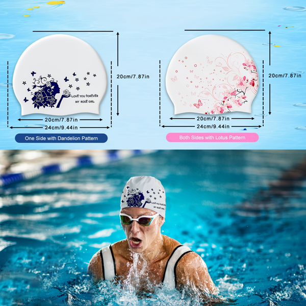 2件男女硅胶泳帽，高弹性舒适防滑男女泳帽，耐用防水长短发泳帽，保持头发干燥-7