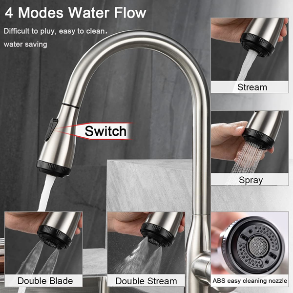 单柄高弧度拉丝镍厨房水槽拉出式水龙头，配备4种喷洒模式，单层不锈钢材质，带下拉式喷头【周末不发货，TK/TEMU订单仅支持自提】-6