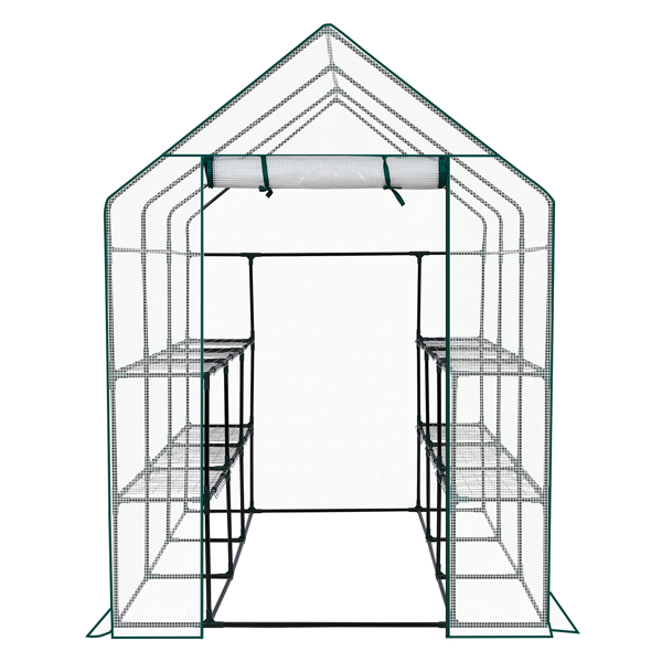 56*56*77in PE布花房 白色PE布 墨绿色铁管 尖顶 带8片网格花架 带拉链卷门-5