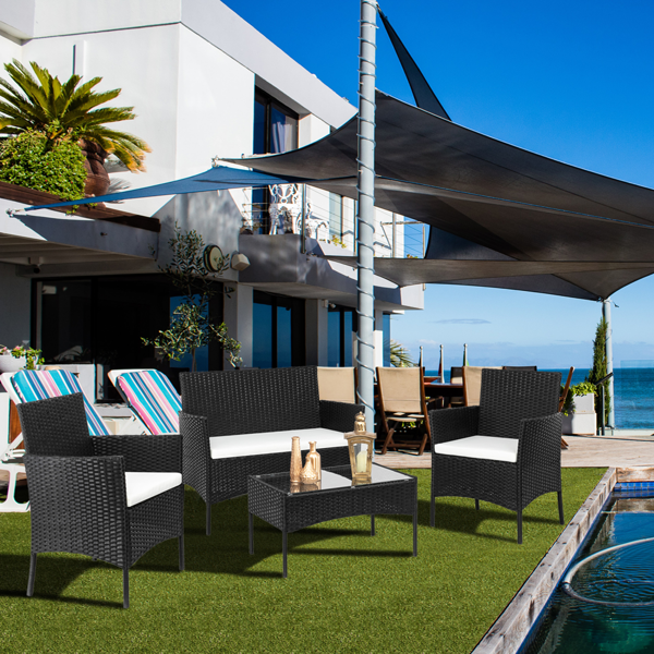 2pcs单人沙发和1pc双人沙发和1pc茶几 扶手满编 黑色四线藤 座垫真空包装 编藤四件套-68