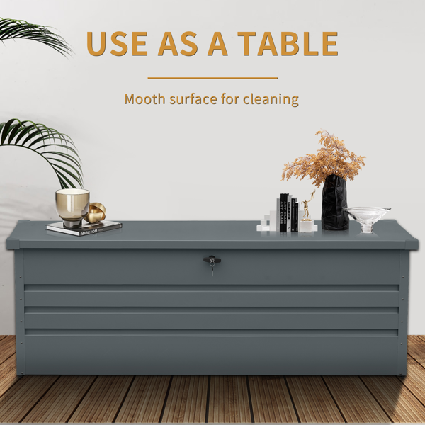 260加仑户外金属甲板收纳箱（防水）——超大庭院储物箱，配有可上锁收纳空间，专用于存放庭院家具坐垫、泳池配件及园艺工具（深灰色）-5