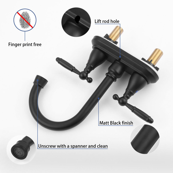 浴室水龙头哑黑360度高弧形旋转喷嘴4英寸中心套梳妆台水龙头现代浴室水龙头3孔厕所水龙头不漏水【周末不发货，TK/TEMU订单仅支持自提】-3