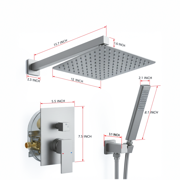 NPT公头拉丝镍淋浴系统，浴室淋浴配件用淋浴龙头套装，配有12英寸花洒头和手持花洒（含压力平衡淋浴阀芯套件）【周末不发货，TK/TEMU订单仅支持自提】-3