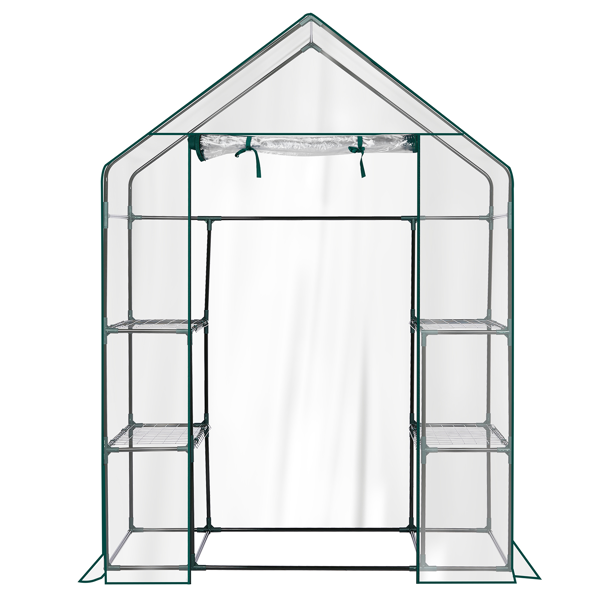 56*29*77in PE布花房 透明PVC 墨绿色铁管 尖顶 带4片网格花架 带拉链卷门-6