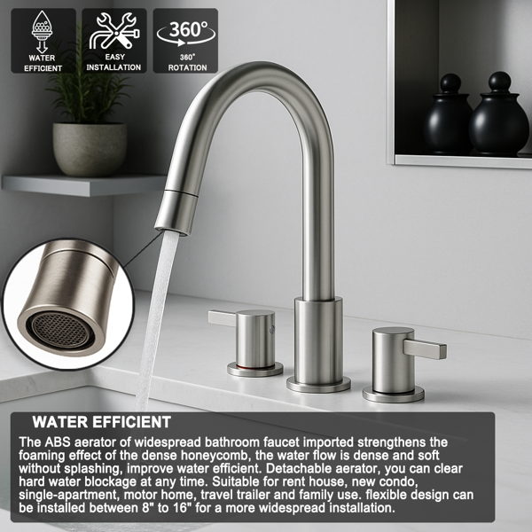 8英寸宽幅浴室水龙头，双把手三孔设计，配备360°下拉式喷头和弹起式下水器，拉丝镍[周末无法发货，TK/TEMU仅支持自提]-10