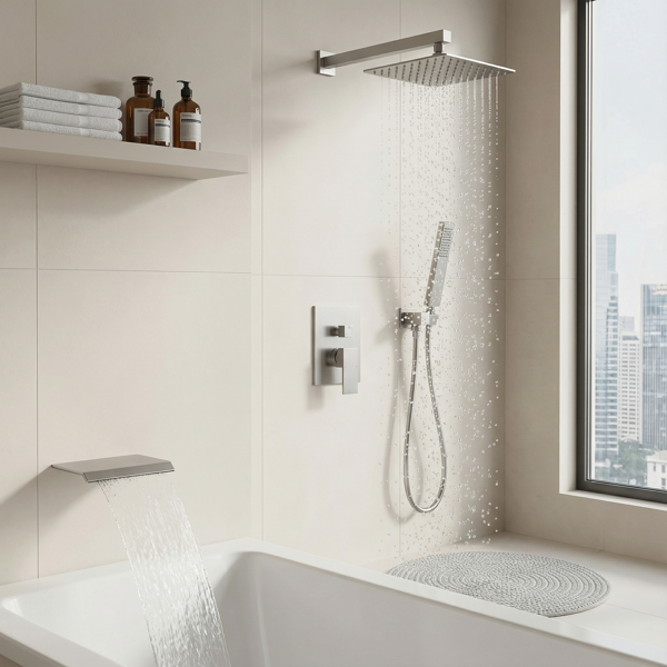 公制NPT淋浴龙头套装，浴室瀑布式淋浴系统，高压10英寸花洒头和手持淋浴喷头，带饰件和分流器的壁挂式浴缸龙头淋浴阀，拉丝镍材质【周末不发货，TK/TEMU订单仅支持自提】-13