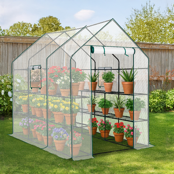 56*85*77in PE布花房 白色PE布 墨绿色铁管 尖顶 带12片网格花架 带拉链卷门-16