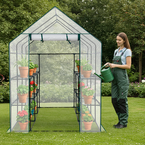 56*85*77in PE布花房 白色PE布 墨绿色铁管 尖顶 带12片网格花架 带拉链卷门-15