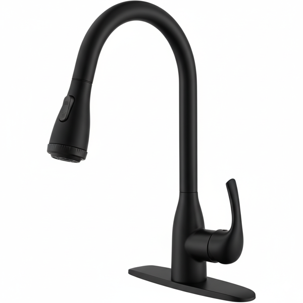 单柄高弧度哑黑厨房水槽拉出式水龙头，配备4种喷洒模式，单层不锈钢材质，带下拉式喷头【周末不发货，TK/TEMU订单仅支持自提】-1