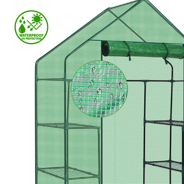 56*29*77in PE布花房 绿色PE布 墨绿色铁管 尖顶 带4片网格花架 带拉链卷门-6