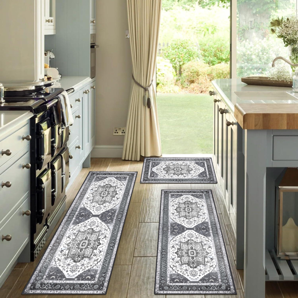 (水晶绒水洗底)厨房地毯3件套，防滑机洗厨房垫，波西米亚复古厨房地毯-9