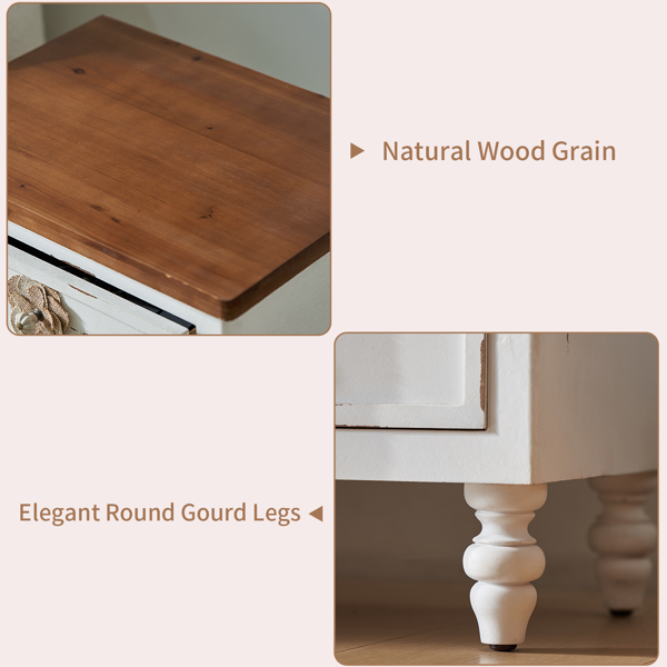 复古农舍风格边桌，带花卉旋钮 – 19 英寸乡村风床头柜，带 3 个抽屉和葫芦形桌腿，可用作床边桌或沙发边桌，几乎完全组装，做旧白色，不支持self-pick up且不支持指定仓库发货-4