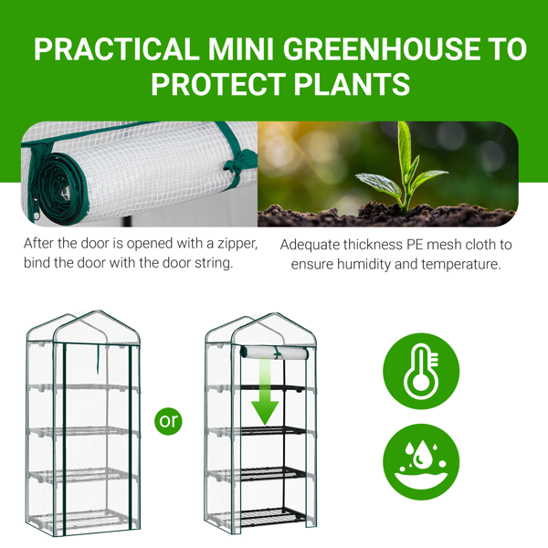 27*19*62in PE布花房 白色PE布 墨绿色铁管 尖顶迷你带4层网格花架 带拉链卷门-9