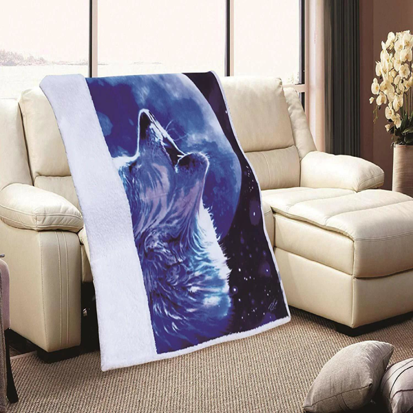 亲肤丝滑法兰绒羊羔绒内衬盖毯 50×60 英寸 狼啸图案-4