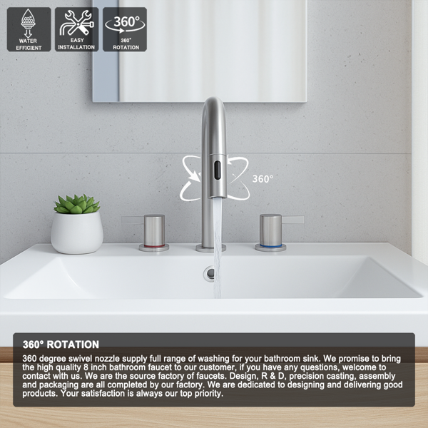 8英寸宽幅洗手池水龙头，双把手三孔设计，配备弹起式排水器和360°下拉式喷头，拉丝镍[周末无法发货，TK/TEMU仅支持自提]-14