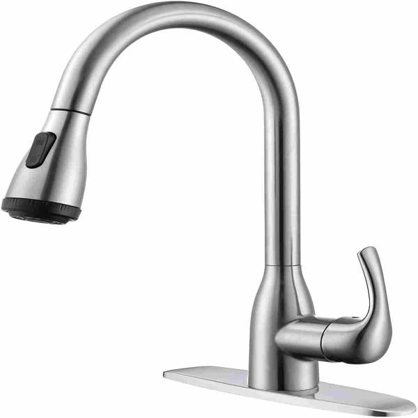 单柄高弧度拉丝镍厨房水槽拉出式水龙头，配备4种喷洒模式，单层不锈钢材质，带下拉式喷头【周末不发货，TK/TEMU订单仅支持自提】-1