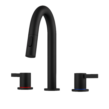 8英寸宽幅洗手池水龙头，双把手三孔设计，配备弹起式排水器和360°下拉式喷头，哑光黑[周末无法发货，TK/TEMU仅支持自提]