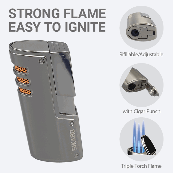 SIKARO®旋风* 三直冲专用高档雪茄打火机带雪茄打孔器黑镍枪黑雪茄香烟厨房户外可重复充气可调节火焰高度便携式-5