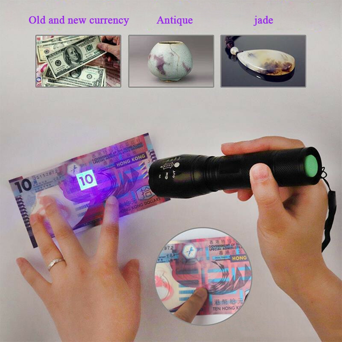 (2 Pack) 2 IN 1 LED Flashlight UV + White Zoomable LED Flashlight Detection Lamp_voghion.com
