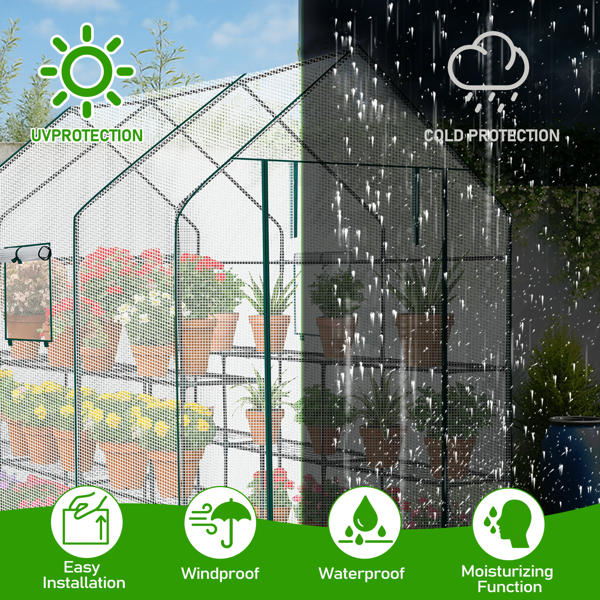 56*85*77in PE布花房 白色PE布 墨绿色铁管 尖顶 带12片网格花架 带拉链卷门-11