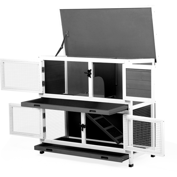 36"L 上下2层 带托盘 灰色 杉木 木鸡兔笼-4