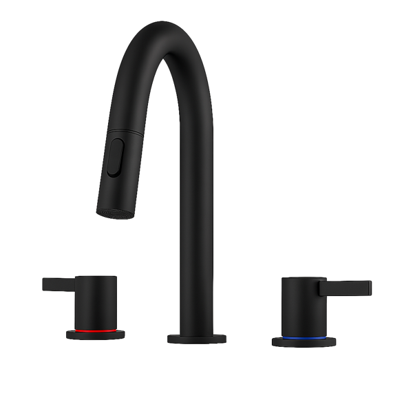 8英寸宽幅洗手池水龙头，双把手三孔设计，配备弹起式排水器和360°下拉式喷头，哑光黑[周末无法发货，TK/TEMU仅支持自提]-1