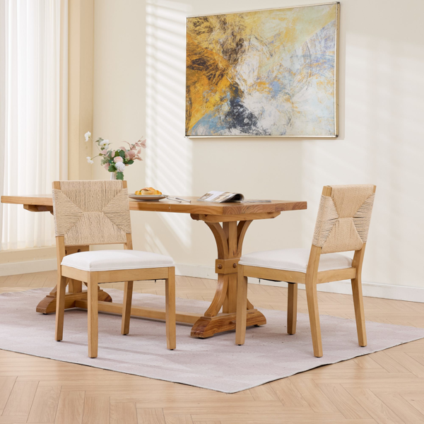 中世纪现代风格藤编餐椅两件套，木质餐椅，藤编靠背，软垫座椅，亚麻布软垫，天然饰面，米色，SW1883MT-9