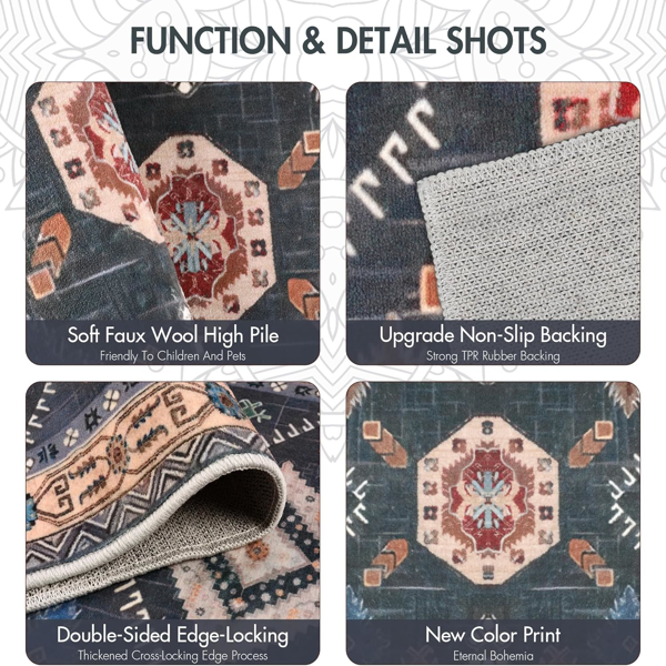 （水晶绒水洗底）波西米亚风厨房地毯套装4件套含长条地垫 厨房花卉地垫 地毯 乡村风厨房地毯及垫子 防滑可水洗厨房长条地垫 适用于厨房地面及水槽区域-3