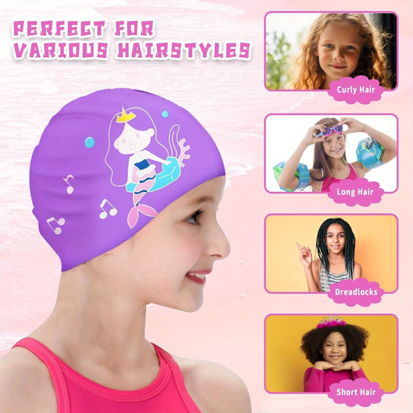 2件套儿童游泳帽，适合9-15岁的女孩和男孩，防水泳帽，适合长发和短发，硅胶游泳帽，带有仙女美人鱼卡通图案的游泳帽-2