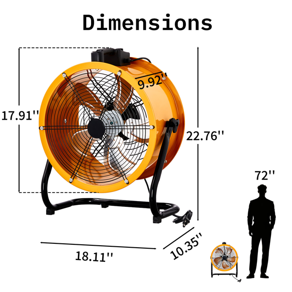美规 MLD-400 筒扇 110V 192W 16inch 趴地筒扇 移动风机 带提手 铜电机 橙黄色 空气循环流通 工业风-1