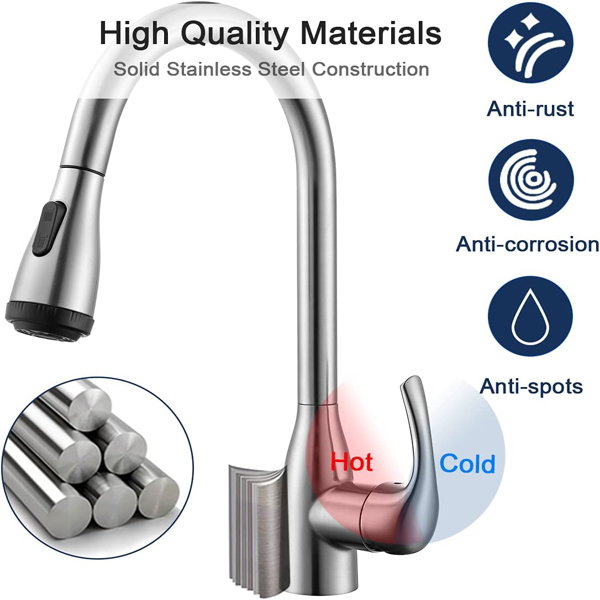 单柄高弧度拉丝镍厨房水槽拉出式水龙头，配备4种喷洒模式，单层不锈钢材质，带下拉式喷头【周末不发货，TK/TEMU订单仅支持自提】-3