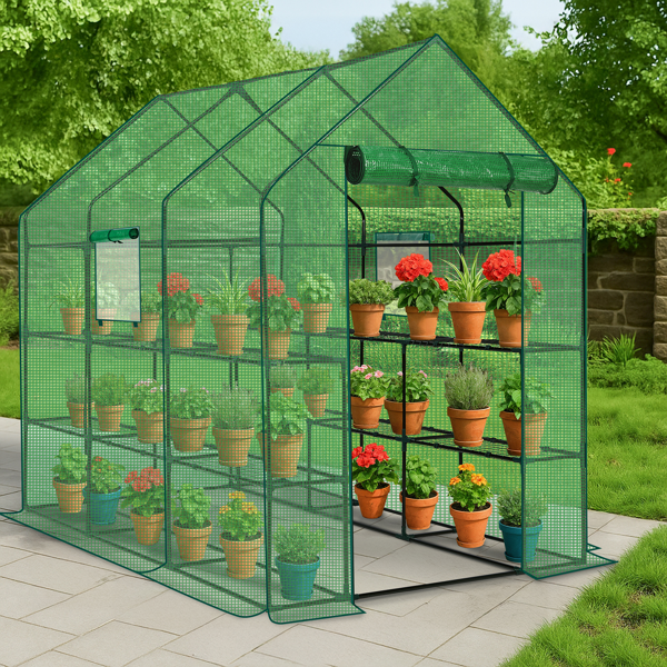 56*85*77in PE布花房 绿色PE布 墨绿色铁管 尖顶 带12片网格花架 带拉链卷门-13