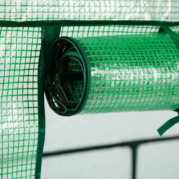 56*29*77in PE布花房 绿色PE布 墨绿色铁管 尖顶 带4片网格花架 带拉链卷门-14