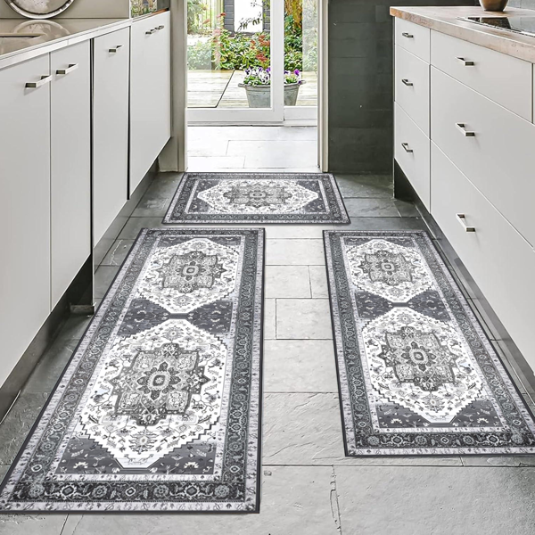 (水晶绒水洗底)厨房地毯3件套，防滑机洗厨房垫，波西米亚复古厨房地毯-7