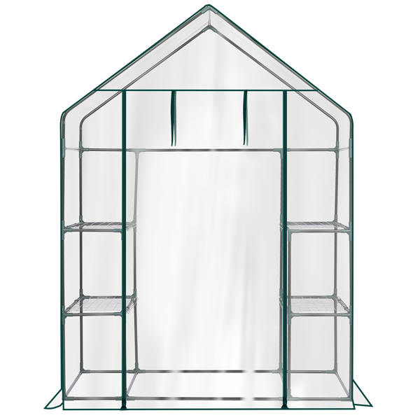 56*29*77in PE布花房 透明PVC 墨绿色铁管 尖顶 带4片网格花架 带拉链卷门-1