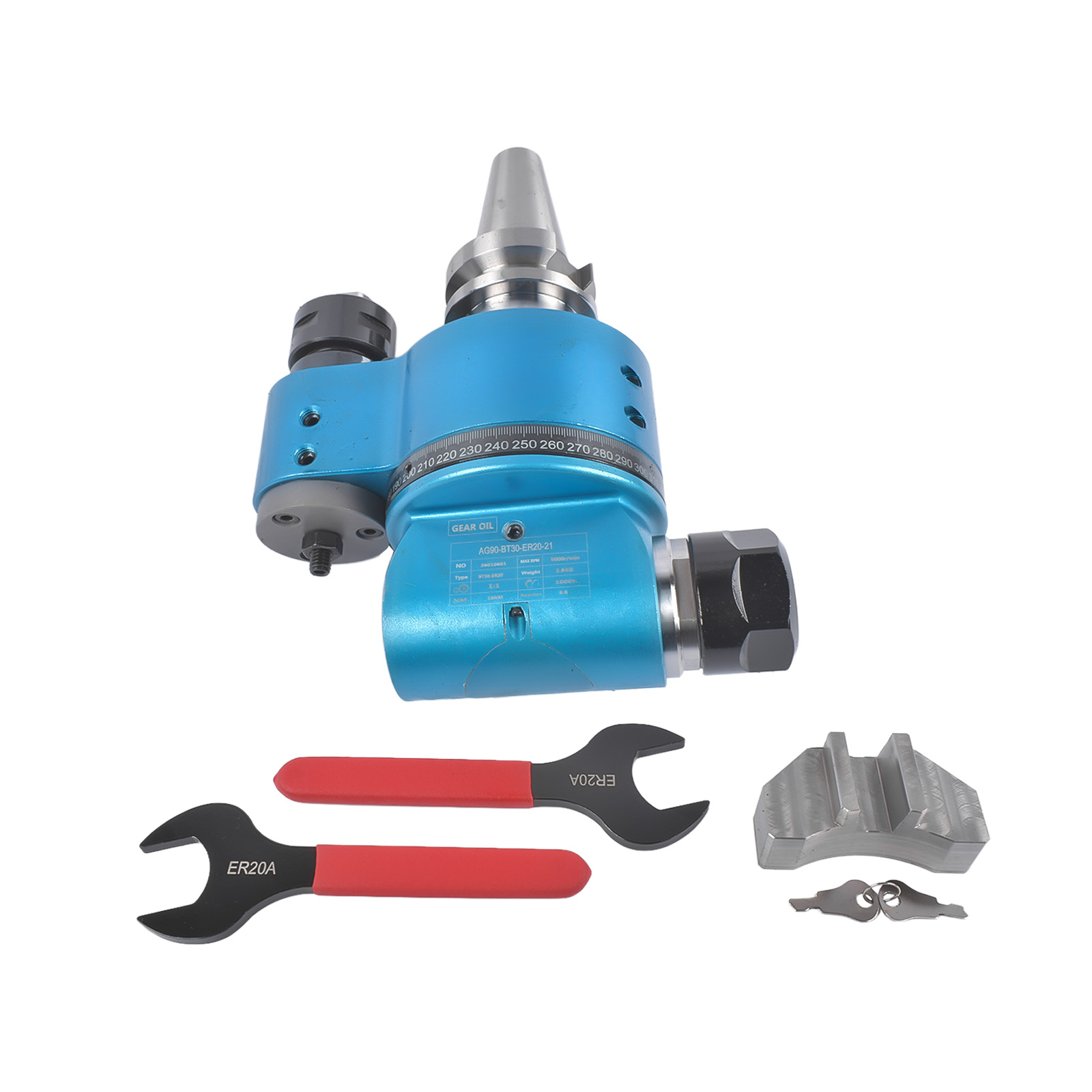 BT30-90°-21-ER20 Fixed Angle Head Collet Chuck 90°Angle 1:1 Gear Ratio 5000r/min Single Head 90 Degree Side Angle view 2