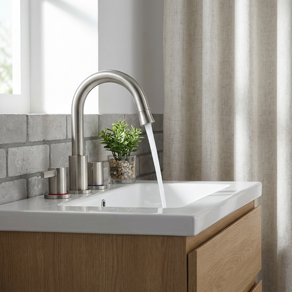 8英寸宽幅浴室水龙头，双把手三孔设计，配备360°下拉式喷头和弹起式下水器，拉丝镍[周末无法发货，TK/TEMU仅支持自提]-8