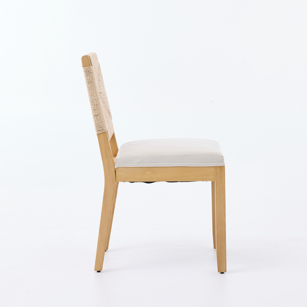 中世纪现代风格藤编餐椅两件套，木质餐椅，藤编靠背，软垫座椅，亚麻布软垫，天然饰面，米色，SW1883MT-5
