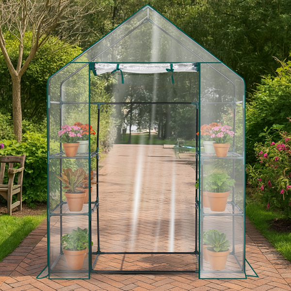 56*29*77in PE布花房 透明PVC 墨绿色铁管 尖顶 带4片网格花架 带拉链卷门-12