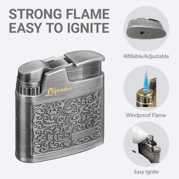 LEGENDEX®攀登者* 银色防风打火机复古风格用于雪茄香烟厨房户外可重复充气可调节火焰高度便携式-4